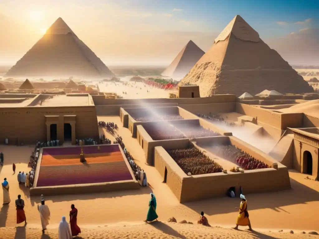 Mercado bullicioso en el antiguo Egipto: colores, joyas y pirámides Un mercado bullicioso en el antiguo Egipto, con vistas al majestuoso río Nilo y las maravillas del Antiguo Egipto influencia