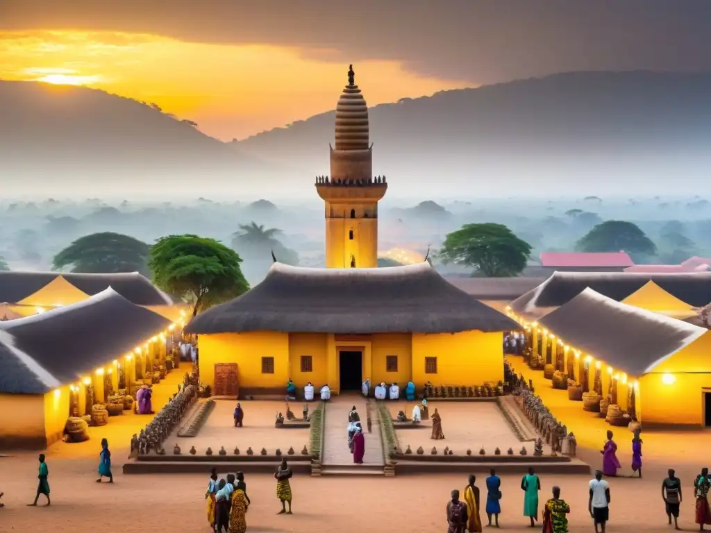 Mercado bullicioso en la capital del Imperio de Ghana, con comerciantes y la Gran Mezquita al atardecer africano