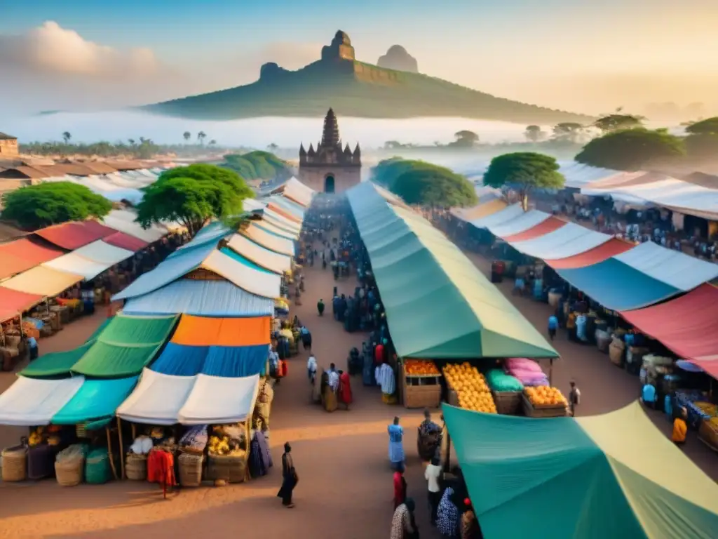 Un mercado bullicioso en una ciudad africana vibrante, mezcla de tradición y modernidad