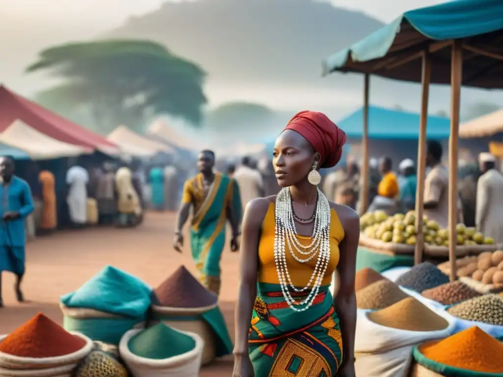 Mercado bullicioso en una ciudad africana, reflejando la influencia islámica en el gobierno local y la diversidad cultural