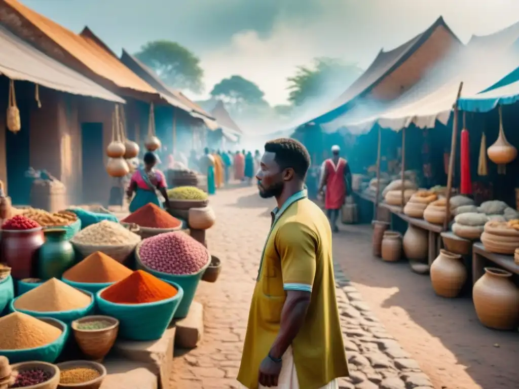 Mercado bullicioso en ciudad africana precolonial con mercaderes extranjeros y locales intercambiando textiles, especias y cerámica