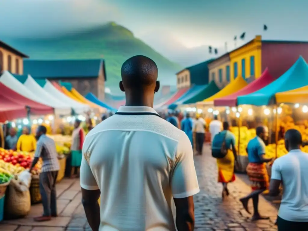 Mercado bullicioso en una ciudad africana, puestos coloridos y edificios tradicionales