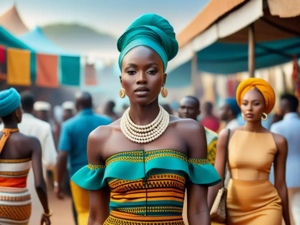 Un mercado bullicioso en una ciudad africana, donde se mezclan moda tradicional e innovadora