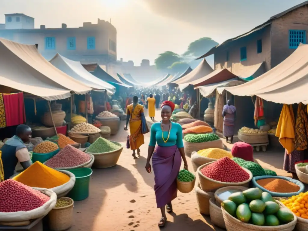 Un mercado bullicioso en una ciudad africana, donde se cruzan rutas comerciales en ciudades africanas