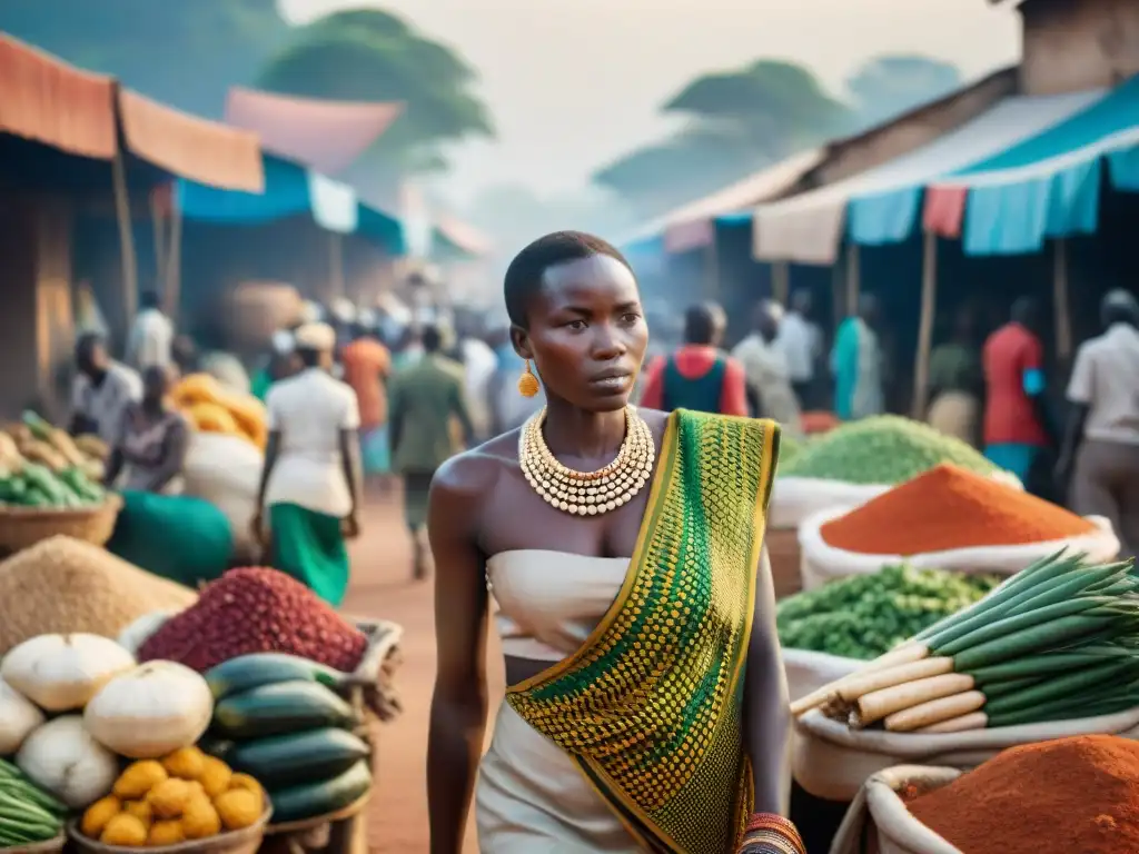 Un mercado bullicioso en una ciudad de África Central, con telas coloridas, productos frescos y artesanías locales