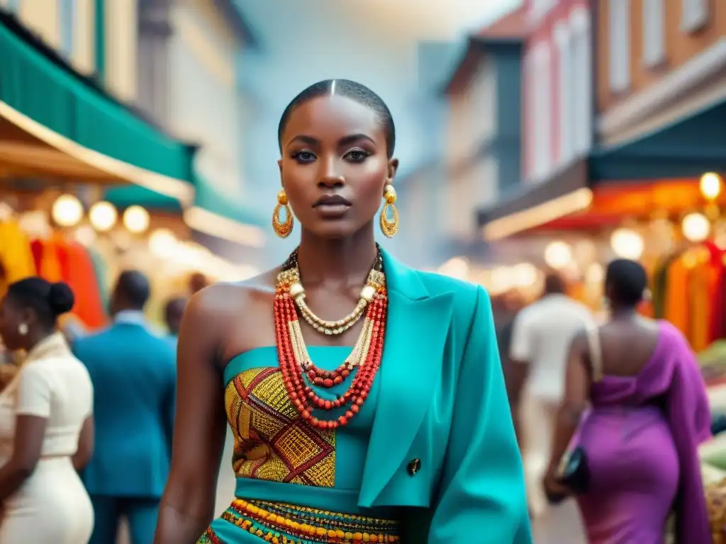 Un mercado bullicioso en la ciudad donde la moda africana se fusiona con estilos contemporáneos