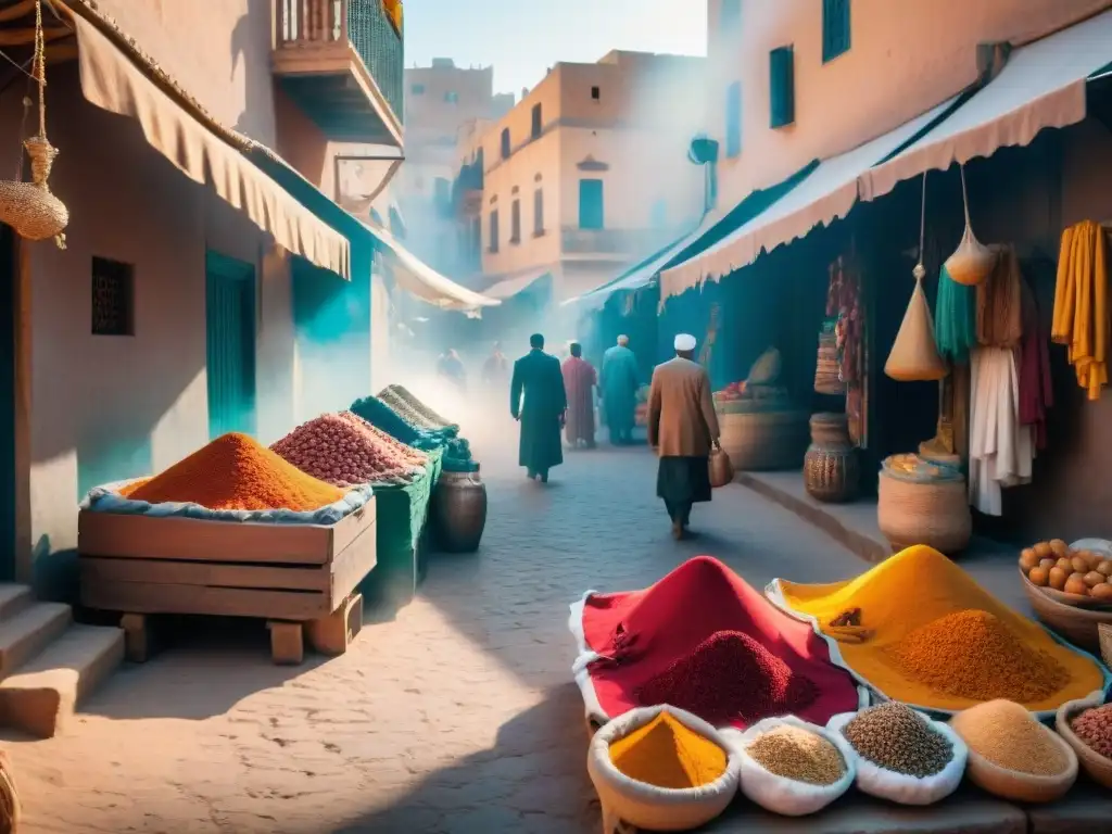 Un mercado bullicioso en una ciudad del norte de África, con vendedores de textiles y especias bajo la cálida luz del atardecer