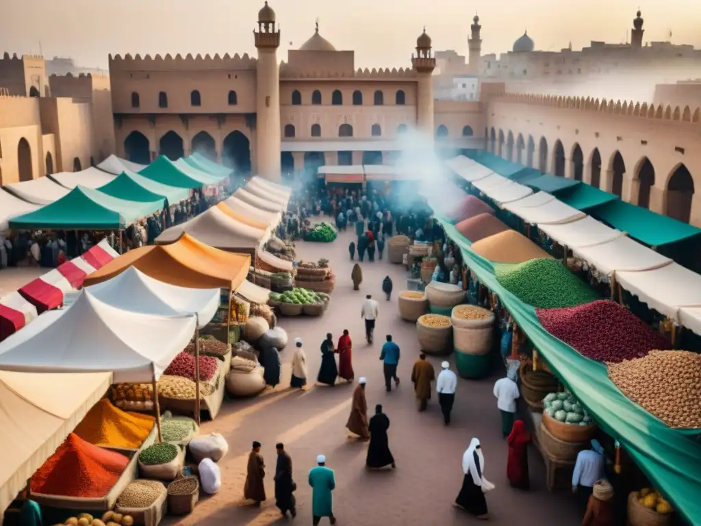 Un mercado bullicioso en una ciudad del norte de África, con influencias de leyes islámicas y vibrantes colores tradicionales