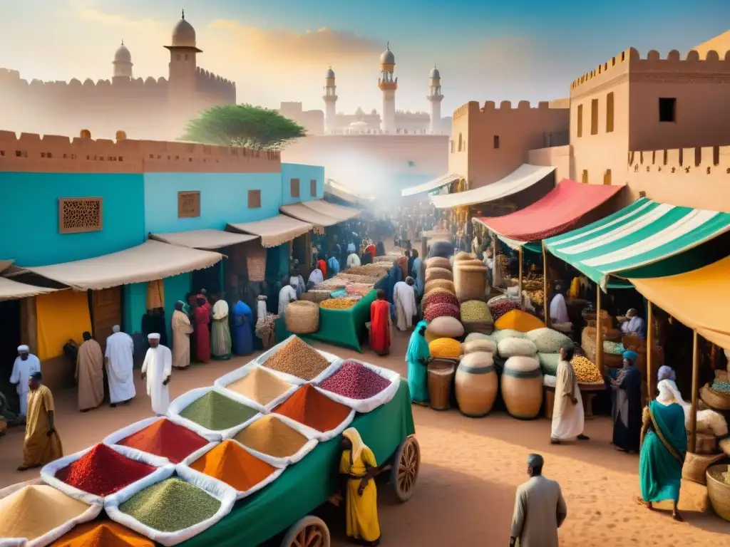 Mercado bullicioso en ciudad precolonial africana con influencia árabe en comercio y economía