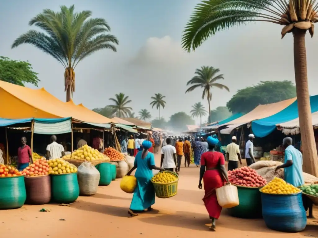 Un mercado bullicioso en Banjul, Gambia, con colores vibrantes y vida local