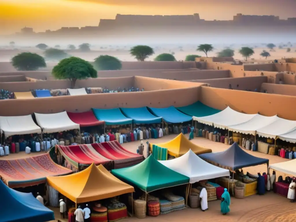 Un mercado bullicioso en Awdaghust, Sahel, con colores vibrantes y rostros locales