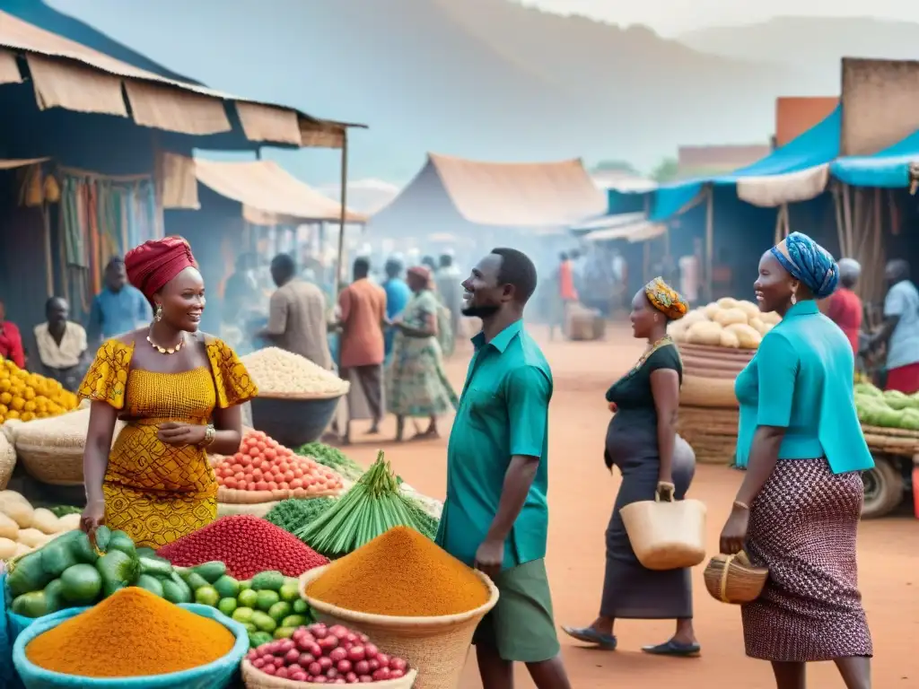 Un mercado bullicioso en África, con colores vibrantes y diversidad cultural