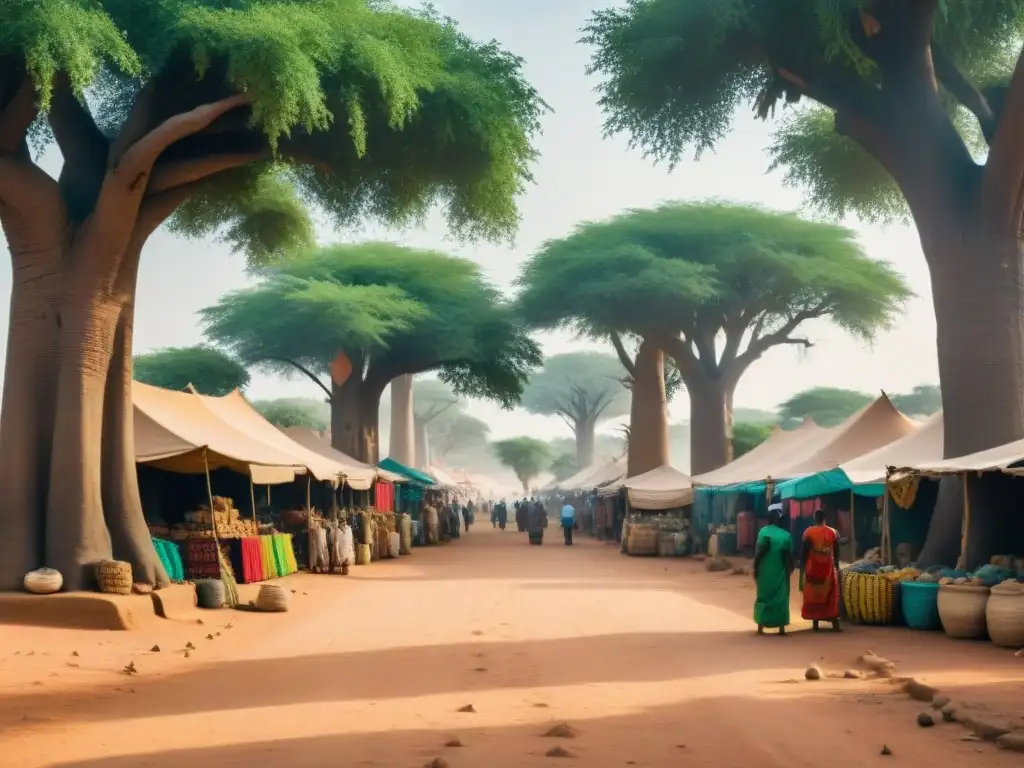 Un mercado bullicioso en Mali, colores vibrantes y comerciantes en transacciones bajo baobabs