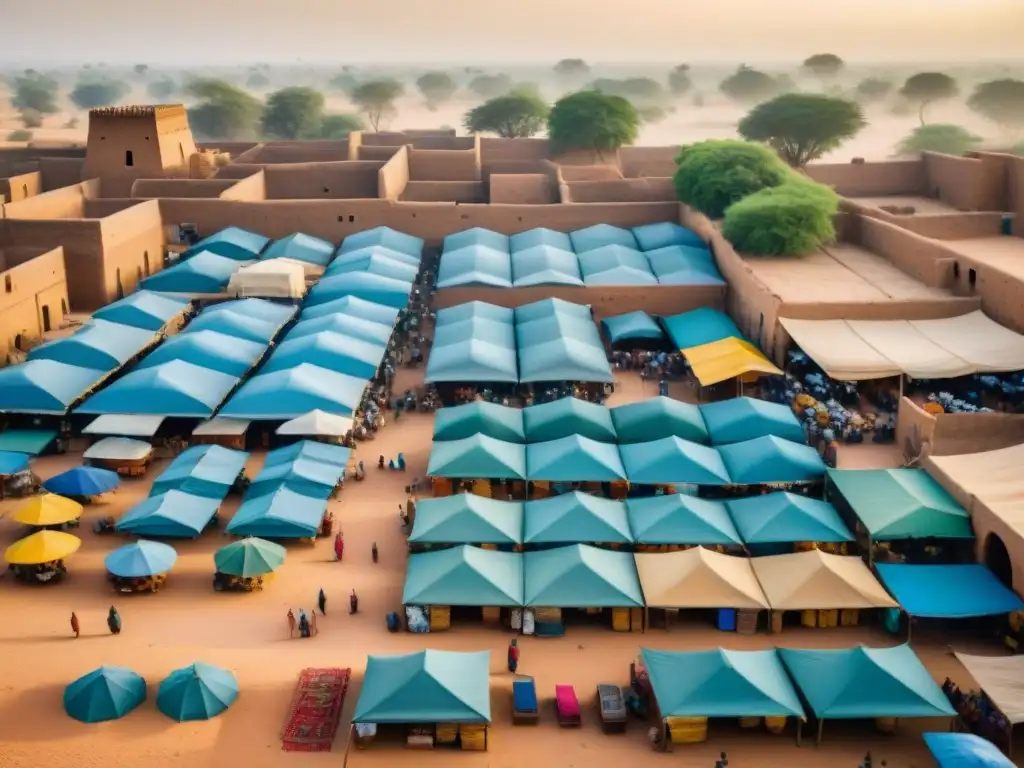 Mercado bullicioso en Mali: colores vibrantes en textiles tradicionales y bienes, comercio antiguo y moderno