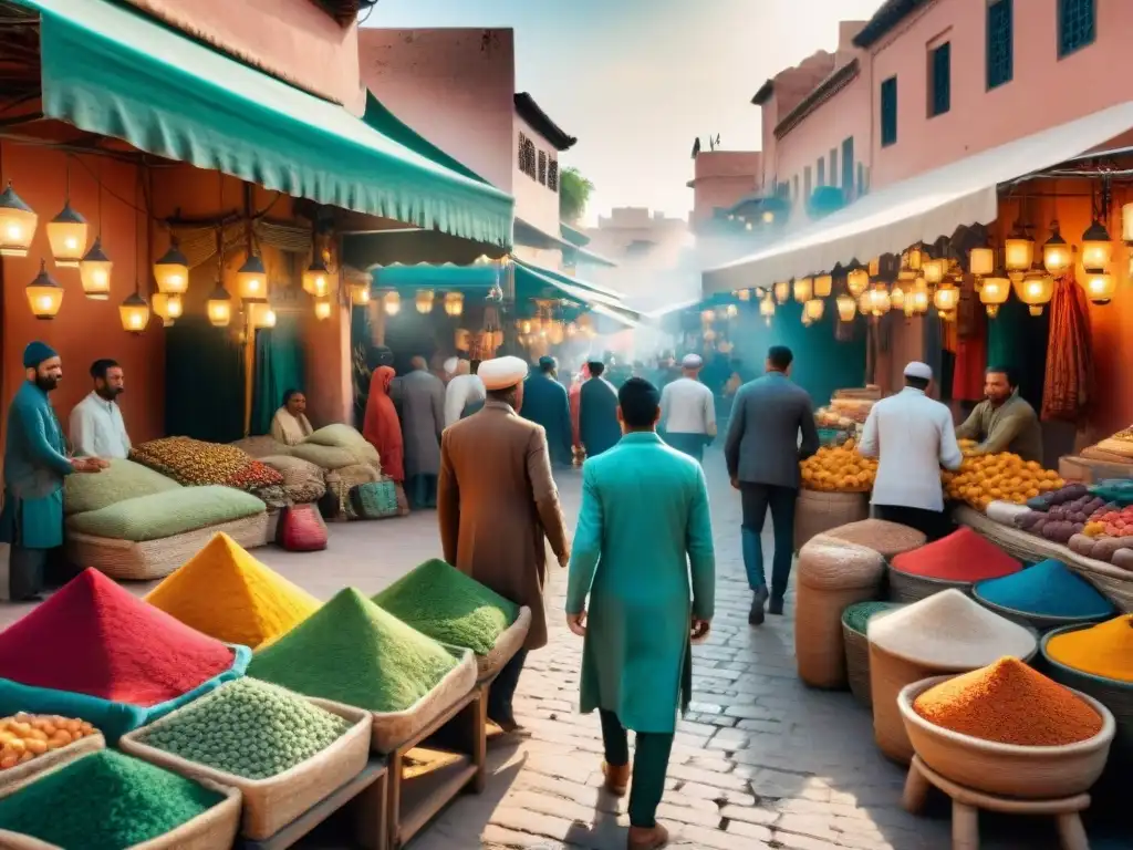 Un mercado bullicioso en Marrakech con colores vibrantes y rostros diversos, reflejando la influencia global de civilizaciones africanas