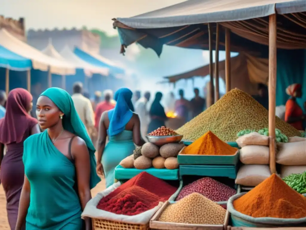 Un mercado bullicioso en Zanzíbar con colores vibrantes, rostros diversos y una fusión cultural africana y asiática