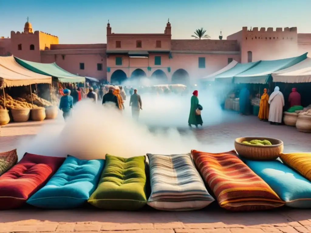 Un mercado bullicioso en Marrakech con colores vibrantes, patrones intricados y la cordillera del Atlas al fondo bajo un cielo azul claro