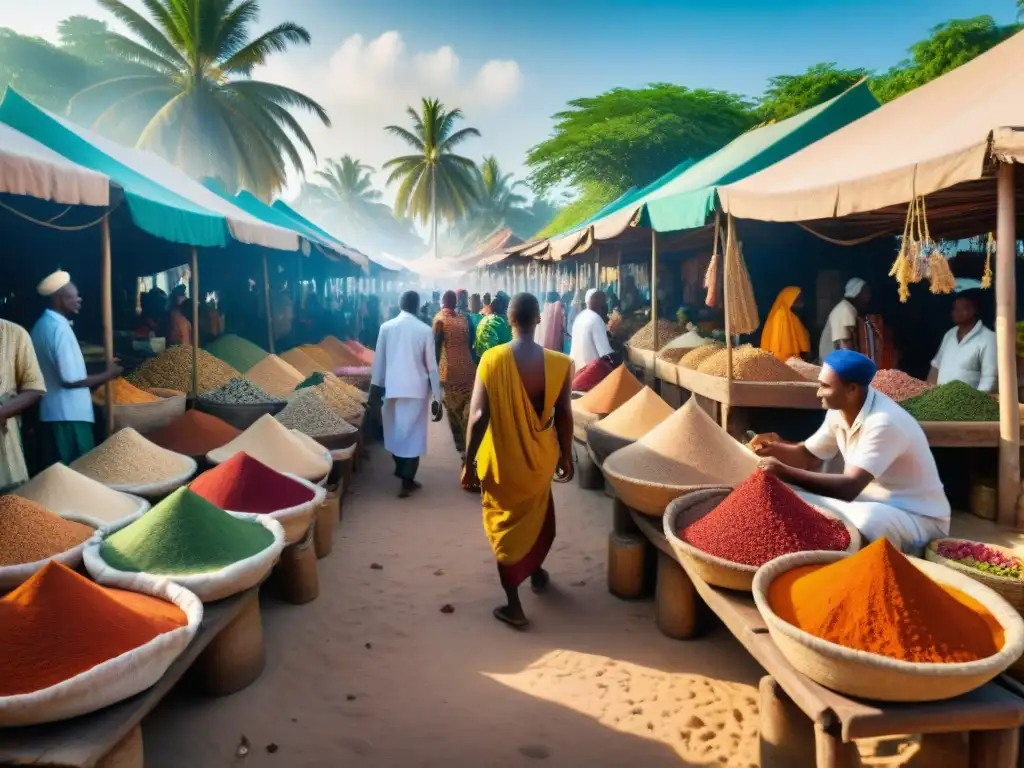 Un mercado bullicioso en Zanzíbar, Tanzania, con coloridas especias y textiles