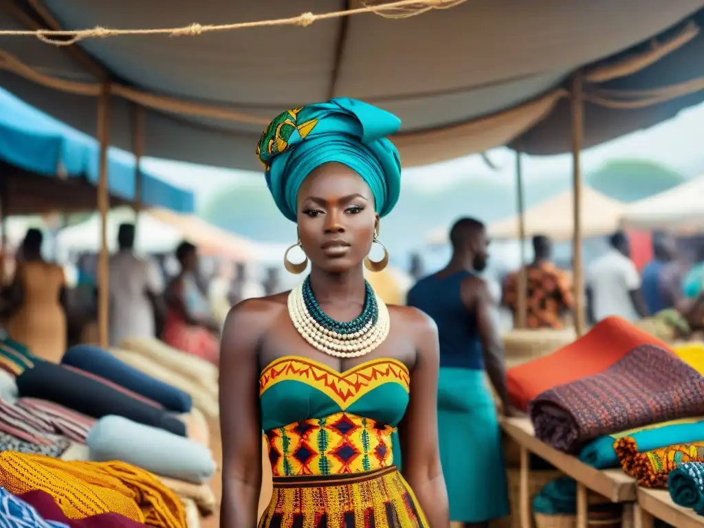 Un mercado bullicioso en Accra, Ghana, con coloridas telas africanas y artesanos creando prendas