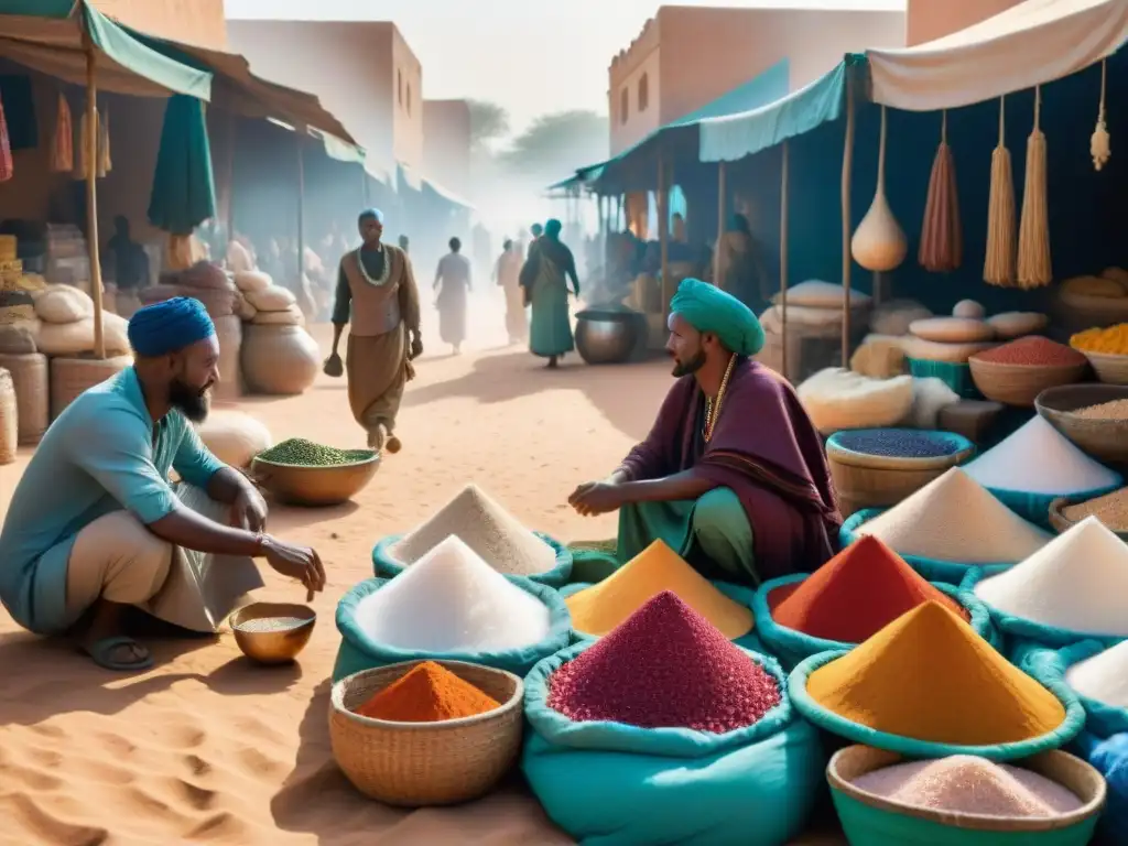 Un mercado bullicioso en el Sahel, con comercio de sal, especias y textiles bajo el sol ardiente