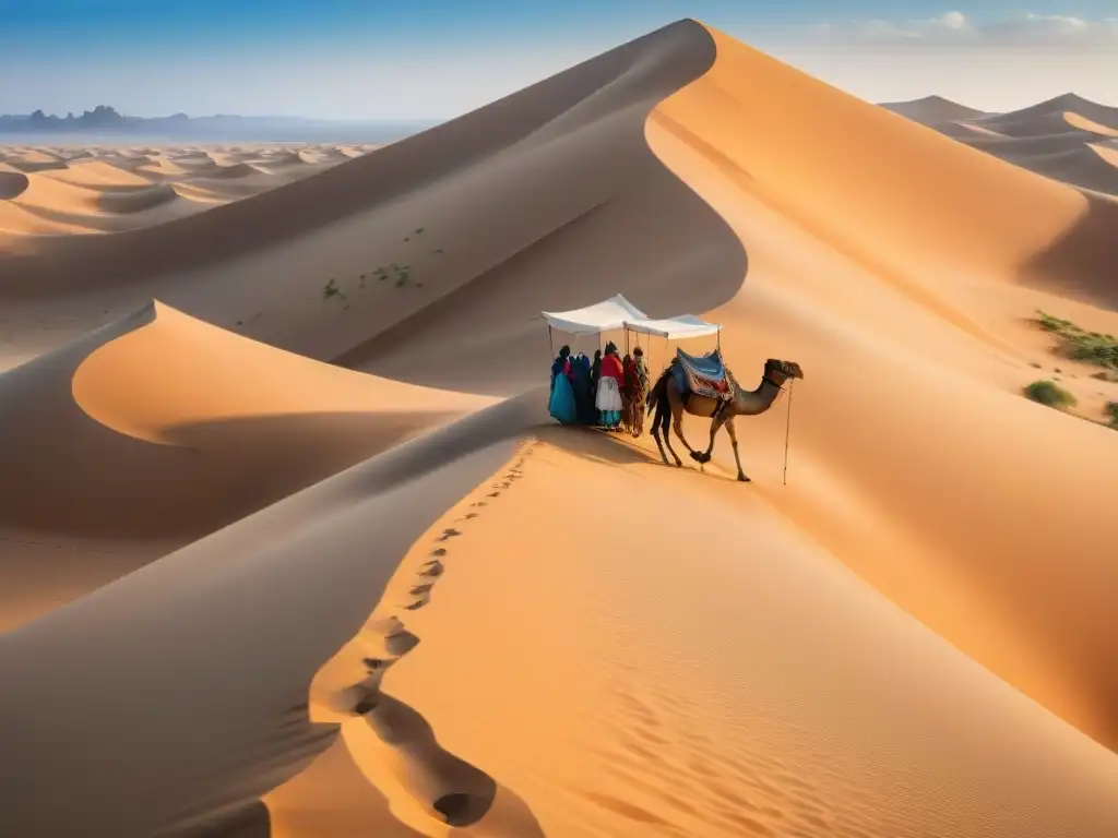 Un mercado bullicioso en el desierto del Sáhara, reflejando la influencia cultural del Comercio Transahariano en África