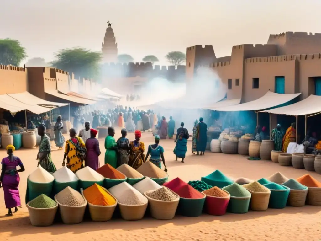 Mercado bullicioso en Djenné, Mali, con puestos coloridos y comerciantes en acción bajo el sol africano