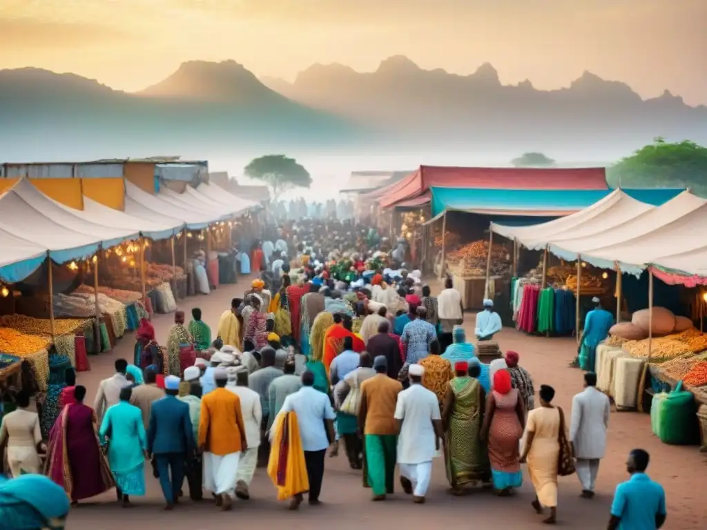 Mercado bullicioso en Djibouti: influencia India en Cuerno África con colores vibrantes y patrones intricados