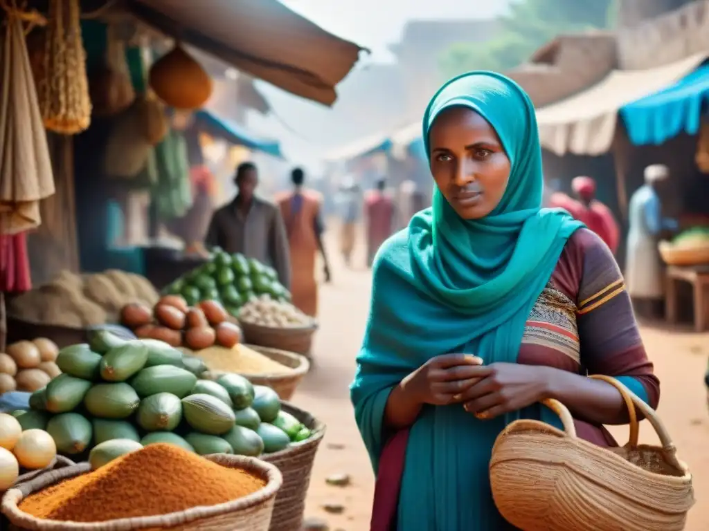 Un mercado bullicioso en Harar, Etiopía, con colores vibrantes y patrones intrincados