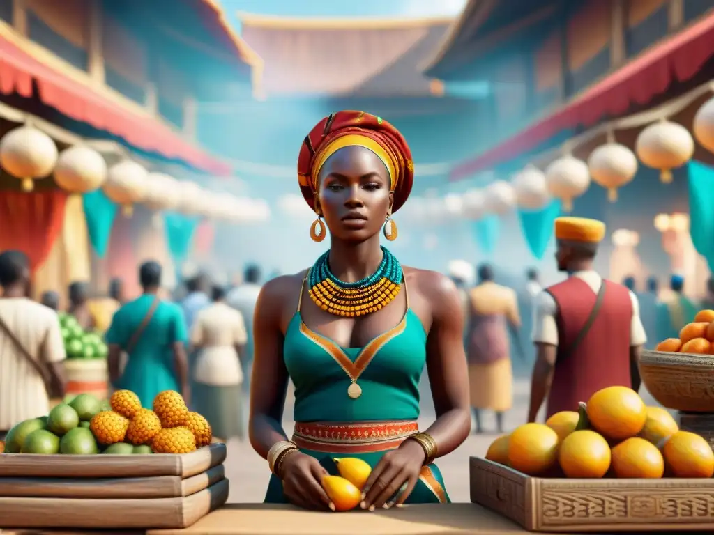 Un mercado bullicioso con influencia cultura africana en videojuegos: colores vibrantes, arquitectura única y NPCs diversos