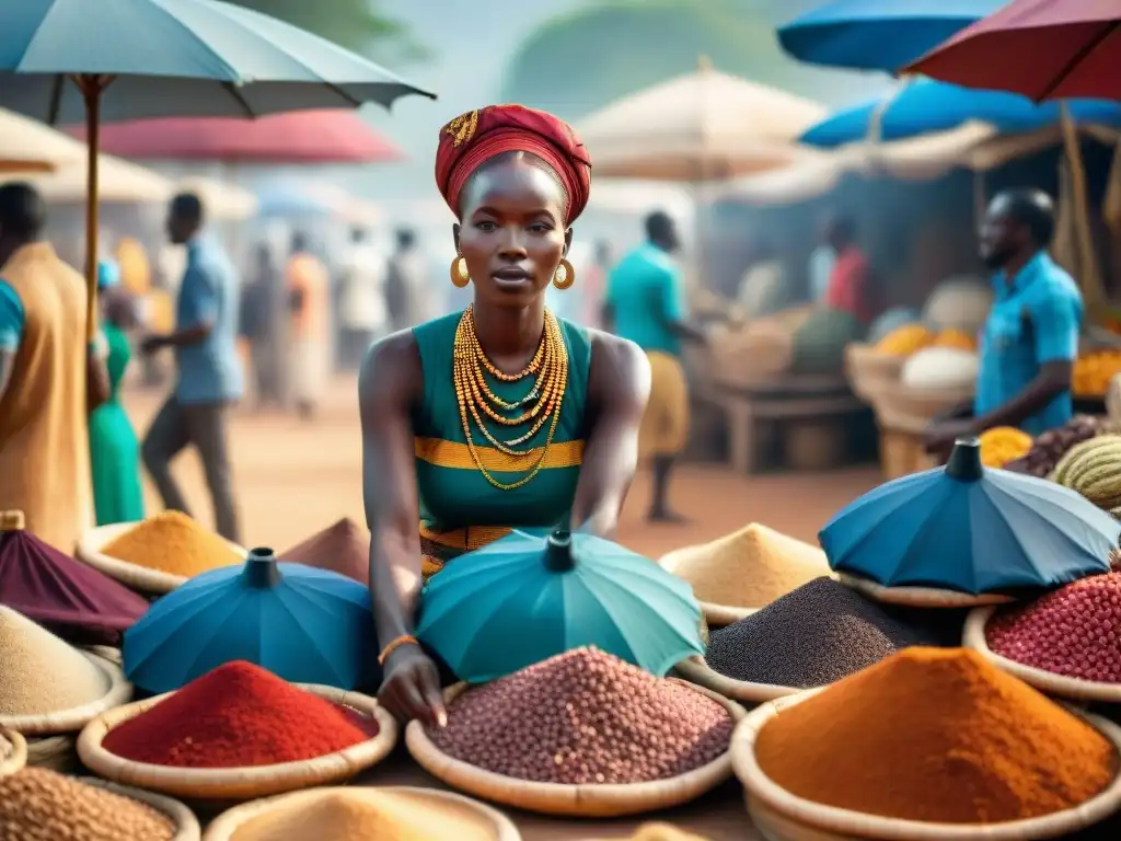 Un mercado bullicioso en África con intermediarios en el comercio africano bajo sombrillas coloridas