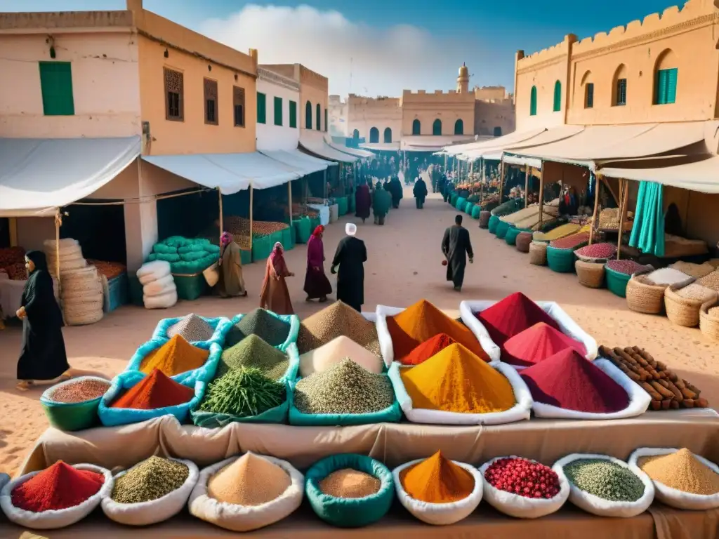 Mercado vibrante en Tripoli: colores, especias y diversidad Mercado bullicioso en Trípoli, Libia, reflejando la riqueza cultural y la influencia global de las civilizaciones africanas