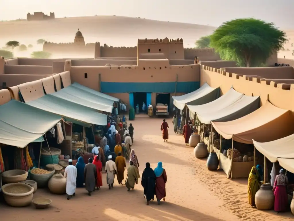 Un mercado bullicioso en Timbuktu, Mali, con edificios de barro y textiles vibrantes