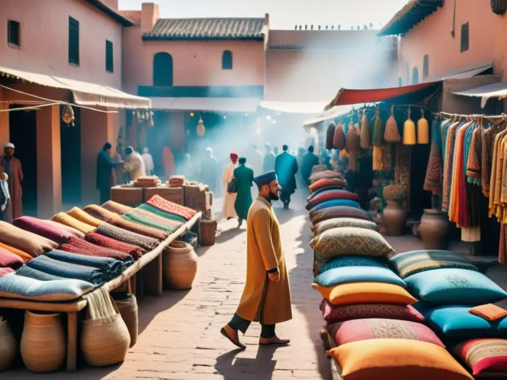 Un mercado bullicioso en Marrakech, con moda islámica africana y clientes diversos