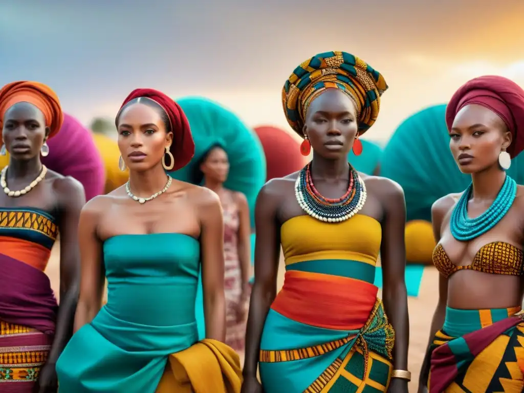 Un mercado bullicioso donde mujeres africanas lucen moda africana precolonial significado tejidos en vibrantes prendas tradicionales