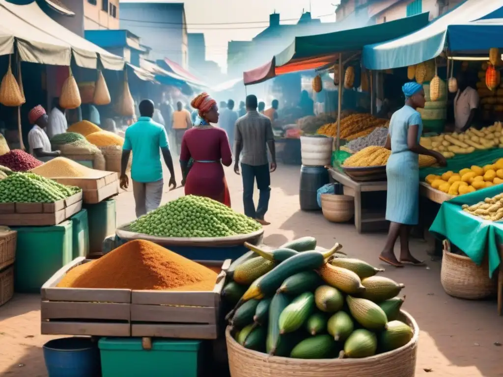 Un mercado bullicioso en Lagos, Nigeria, con colores vibrantes y platos tradicionales africanos diáspora en exhibición