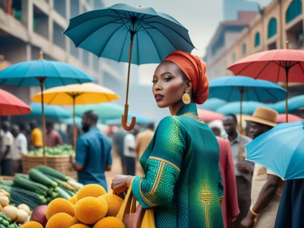 Un mercado bullicioso en Lagos, Nigeria, con vendedores de telas, productos frescos y artesanías bajo sombrillas coloridas