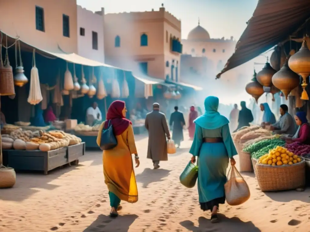 Un mercado bullicioso en el norte de África con influencia árabe en los roles de género, donde se mezclan colores y tradiciones al atardecer