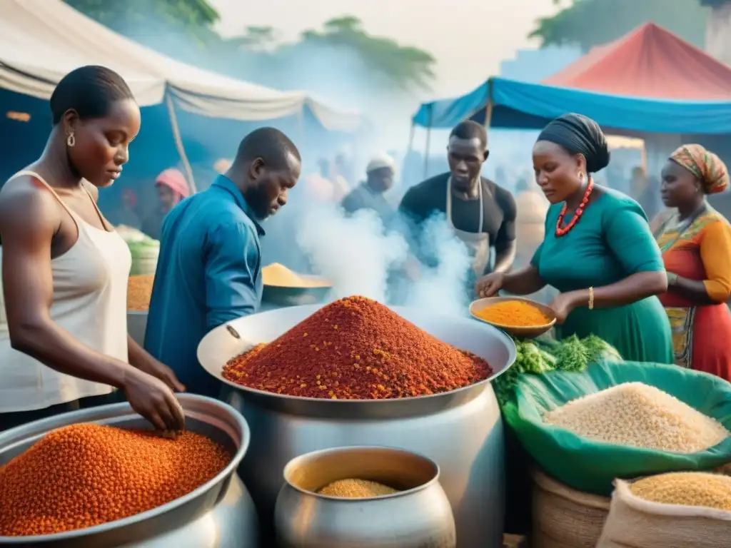 Un mercado bullicioso en África occidental con la historia del arroz Jollof y su influencia global