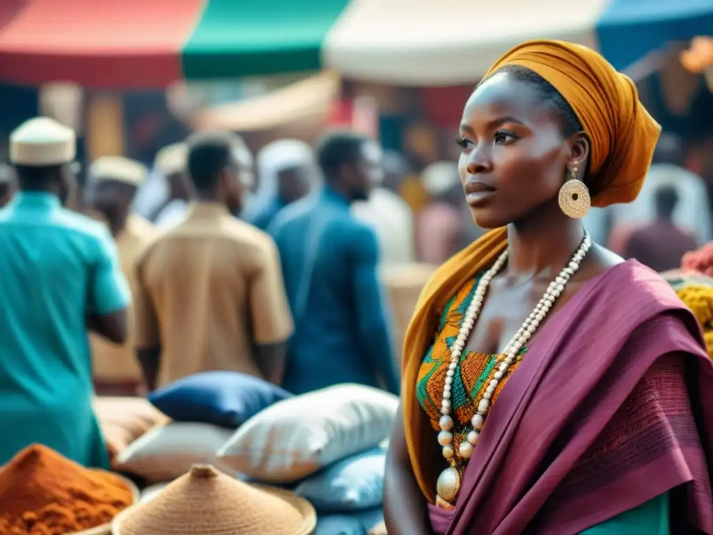 Mercado bullicioso en África Occidental, con locales hablando lenguas como Yoruba, Hausa y Wolof