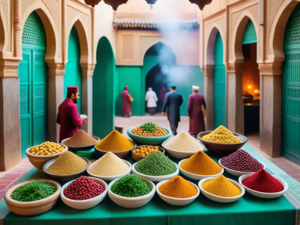 Mercado bullicioso en Fez, Marruecos, con platos tradicionales y arquitectura histórica