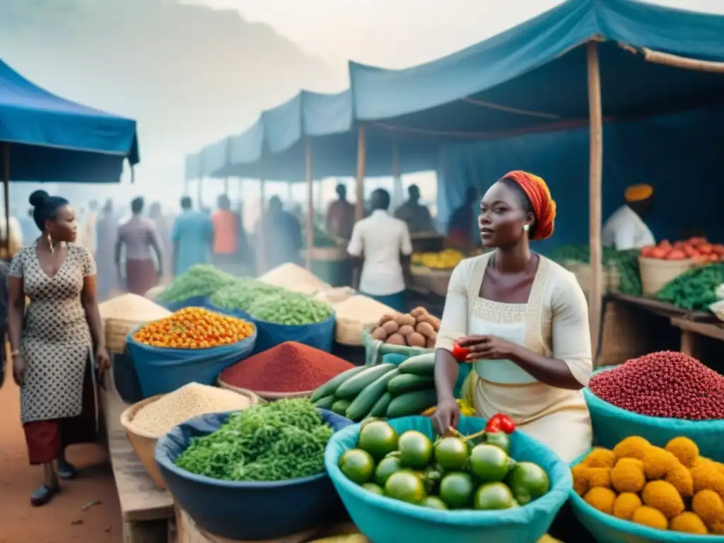 Mercado bullicioso en Accra, Ghana, con productos frescos, especias y comida callejera africana