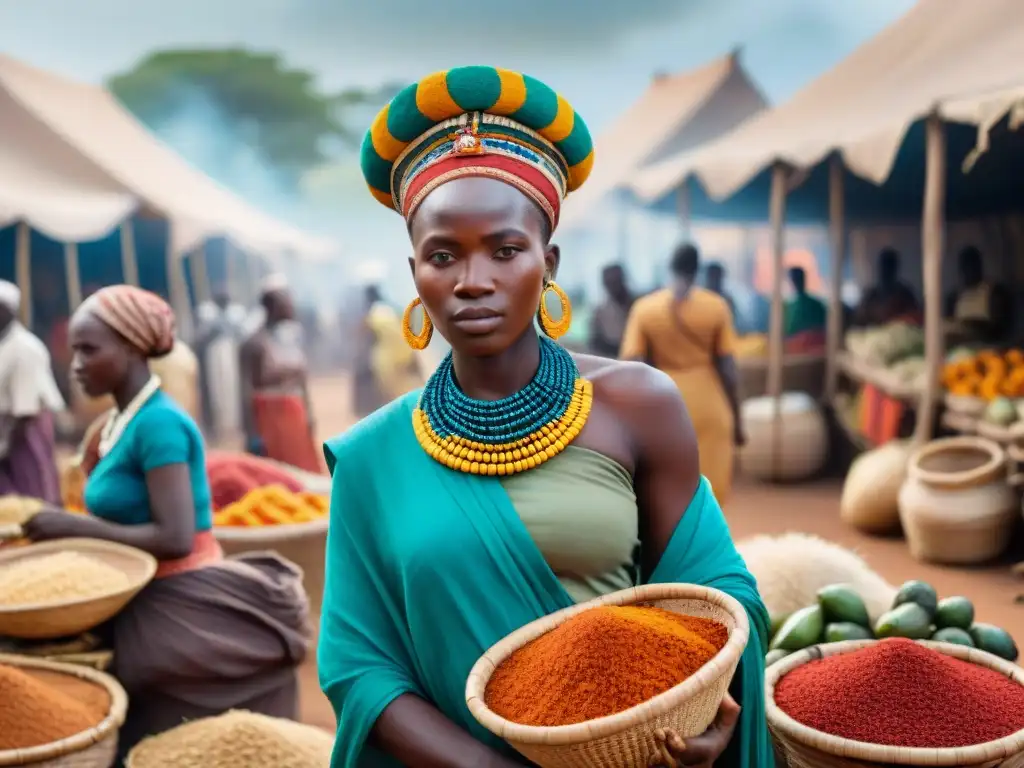 Un mercado bullicioso en un reino africano precolonial, con vibrante actividad comercial y cultural