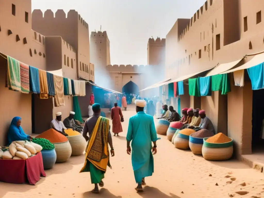 Un mercado bullicioso en Timbuktu, Mali, con telas coloridas, especias y artesanías, bajo el sol saheliano