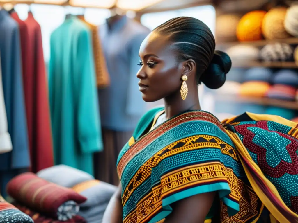 Mercado bullicioso en Accra, Ghana, con textiles africanos vibrantes exhibidos por artesanos locales