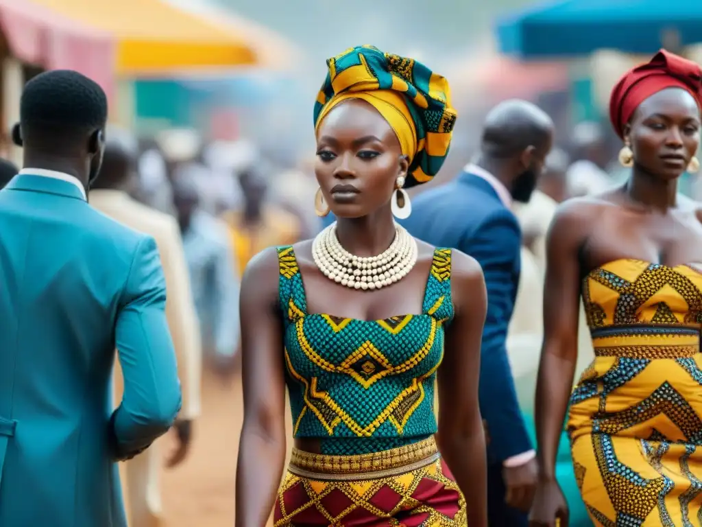 Mercado bullicioso en Accra, Ghana, con textiles africanos vibrantes