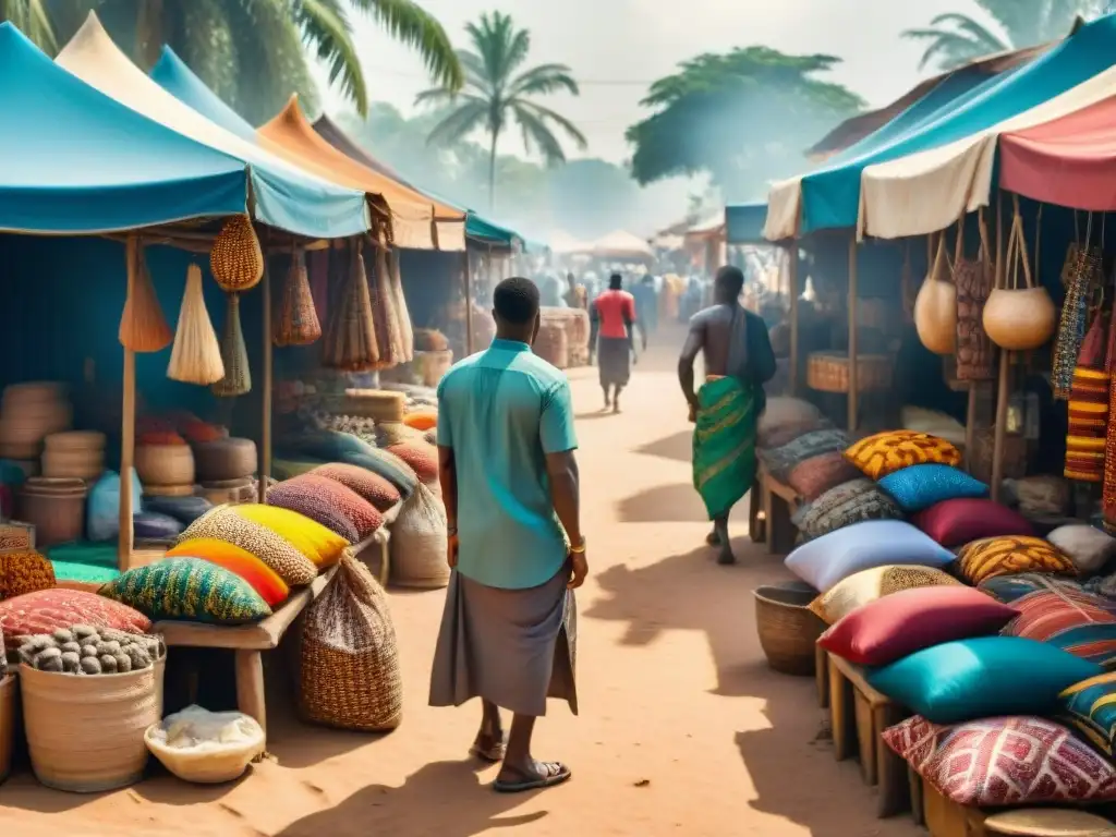 Mercado bullicioso en Accra, Ghana, con textiles coloridos y artesanías tradicionales