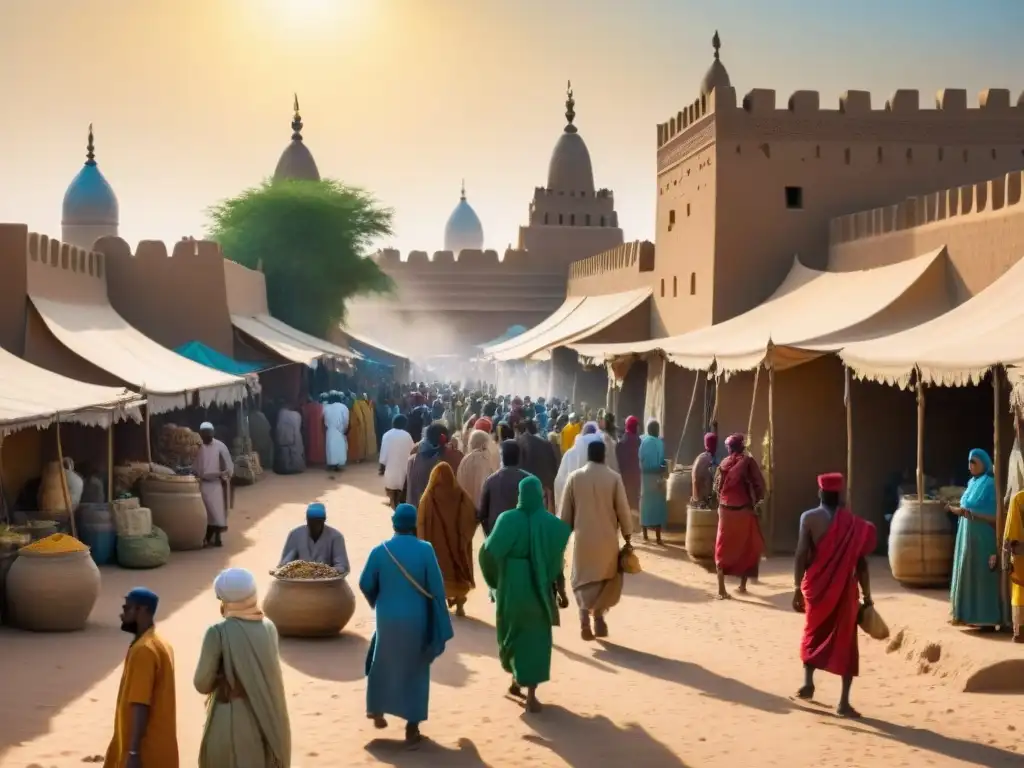 Un mercado bullicioso en Timbuktu durante el Comercio Transahariano influencia civilizaciones africanas