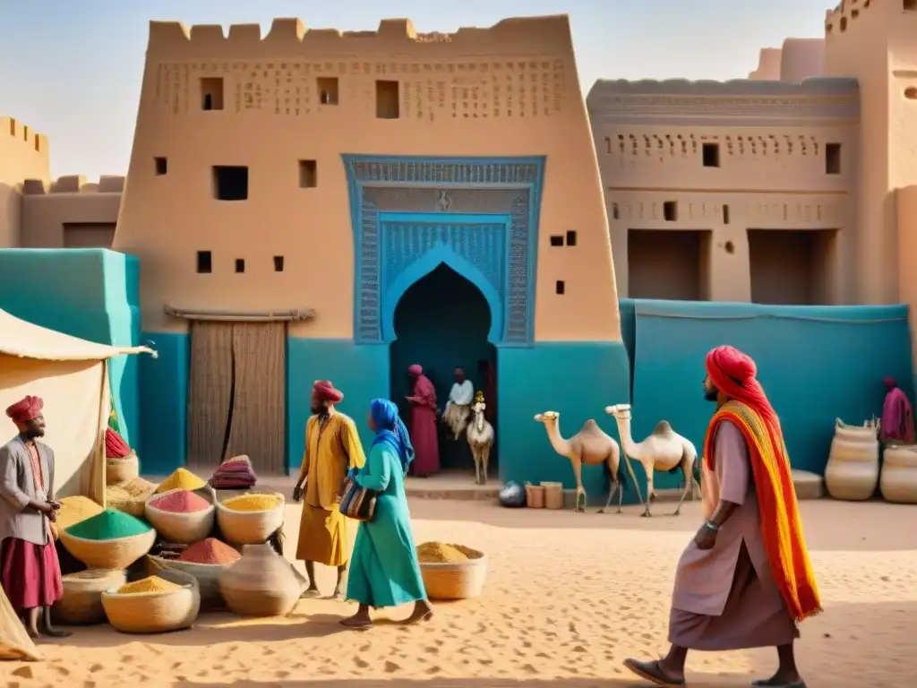 Un mercado bullicioso en Timbuktu durante el imperio de Malí, con colores vibrantes y patrones intricados en productos hechos a mano