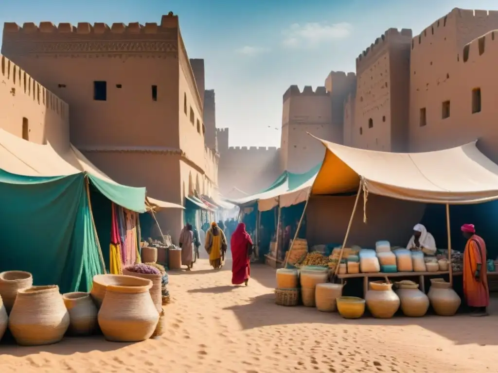 Mercado bullicioso de Timbuktu, con textiles, especias y arte