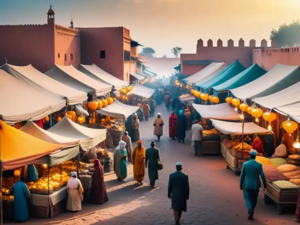 Mercado bullicioso en Marrakech, Marruecos, con vendedores aceptando criptomonedas en turismo africano